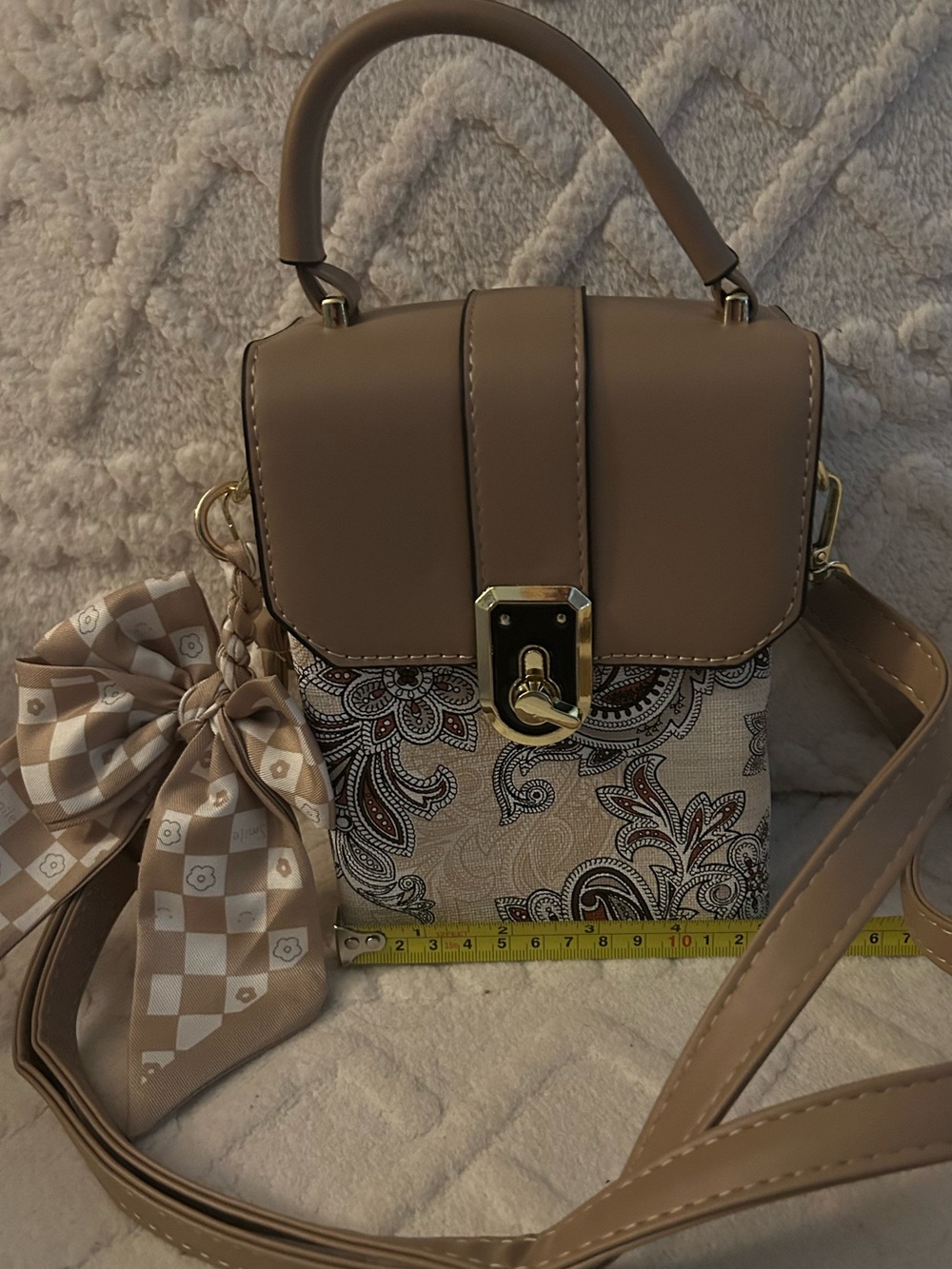 Taupe Mini Top-Handle Crossbody Bag with Charm